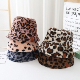 Baby Gutter Jenter Søt Bred Bøtte Hat Med Fuskepels Leopard Print Fleece Termisk Hat For Vinter Soltett