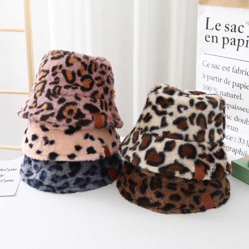 Baby Gutter Jenter Søt Bred Bøtte Hat Med Fuskepels Leopard Print Fleece Termisk Hat For Vinter Soltett