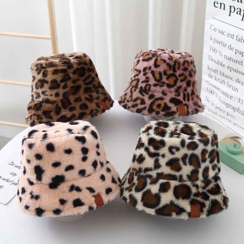 Baby Gutter Jenter Søt Bred Bøtte Hat Med Fuskepels Leopard Print Fleece Termisk Hat For Vinter Soltett