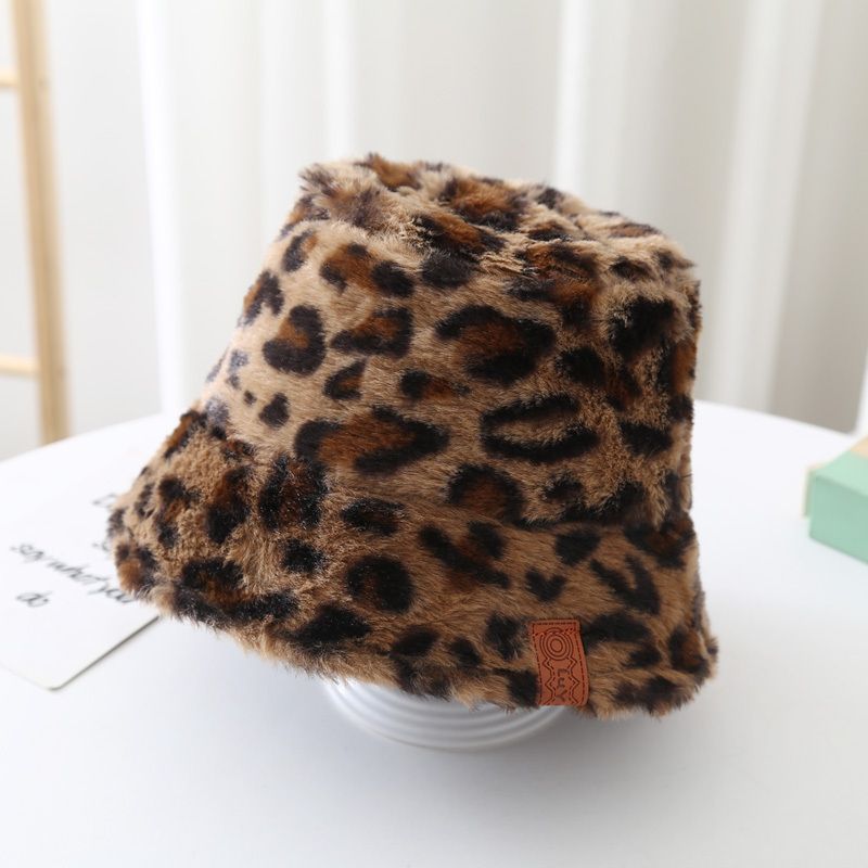 Baby Gutter Jenter Søt Bred Bøtte Hat Med Fuskepels Leopard Print Fleece Termisk Hat For Vinter Soltett