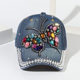 Butterfly Rhinestone Denim Baseball Cap Utendørs Justerbar Casual Style Hat For Kvinner Jenter