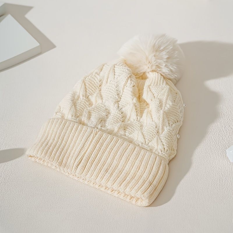 Pearl Winter Beanies Snow Ski Cap Varme Strikkede Luer For Gutter Jenter Kaldt Vær Lue Beige