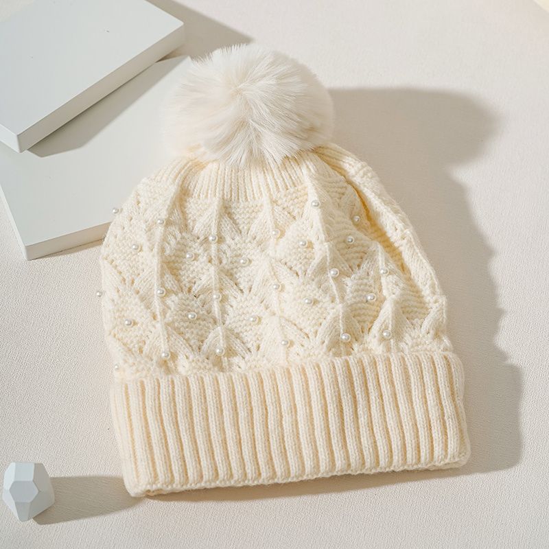 Pearl Winter Beanies Snow Ski Cap Varme Strikkede Luer For Gutter Jenter Kaldt Vær Lue Beige