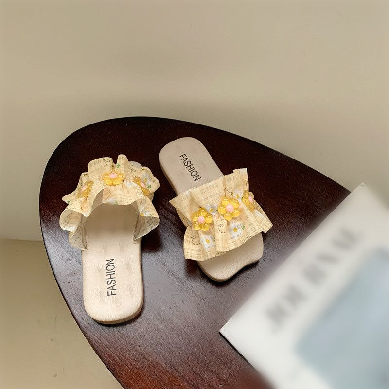 Jenter Ruffle Blomstertrykk Sjarmerende Flat Sandaler Slide Sko