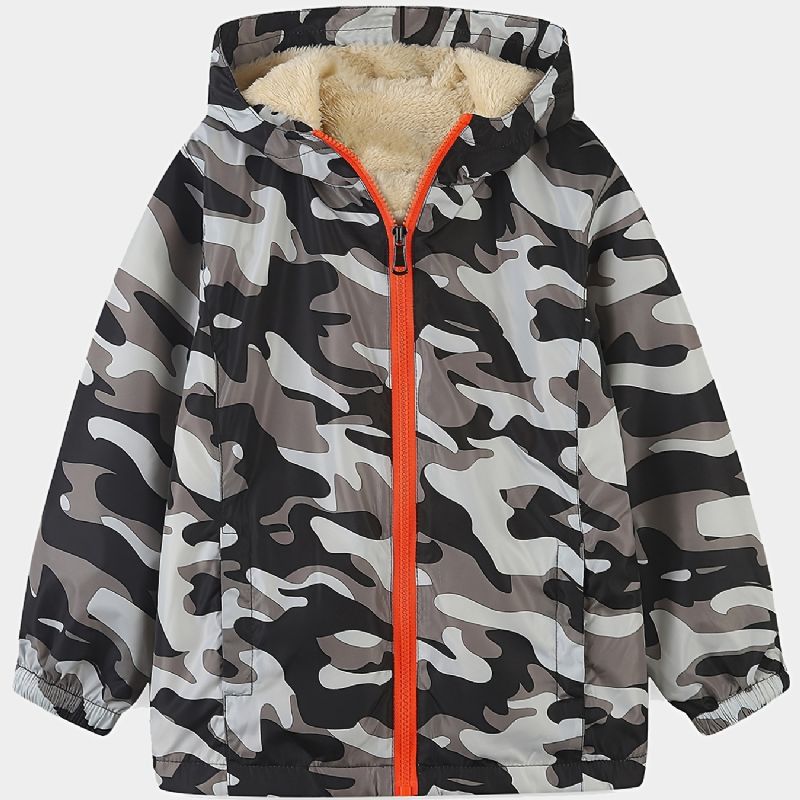 1 Stk Gutter Casual Camouflage Print Glidelås Hettejakke Cardigan Krage Termisk Fleecejakke Til Vinter