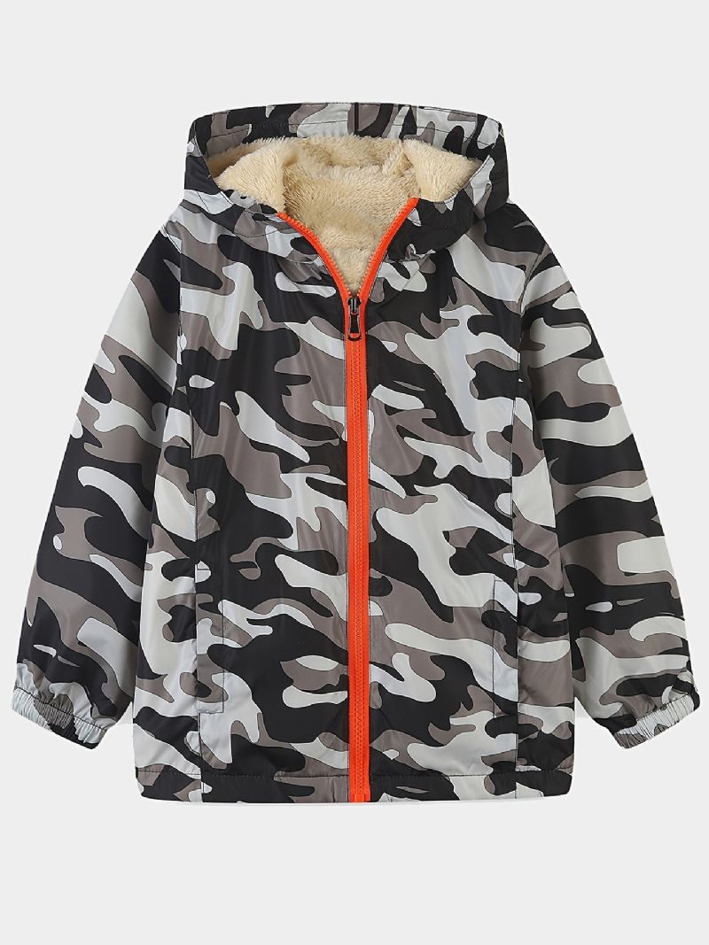 1 Stk Gutter Casual Camouflage Print Glidelås Hettejakke Cardigan Krage Termisk Fleecejakke Til Vinter