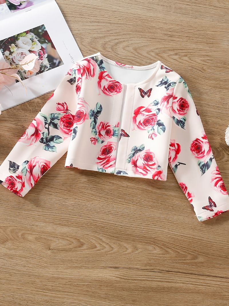 Baby Jenter Cardigan Coat Langermet Rose Butterfly Print Topp Barneklær