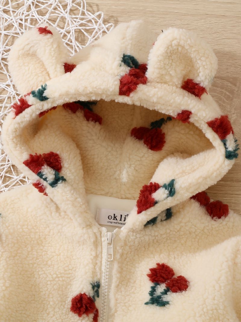 Baby Jenter Polar Fleece Bear Ears Jakke Cherry Glidelås Plysj Varm Hette Frakk Barneklær