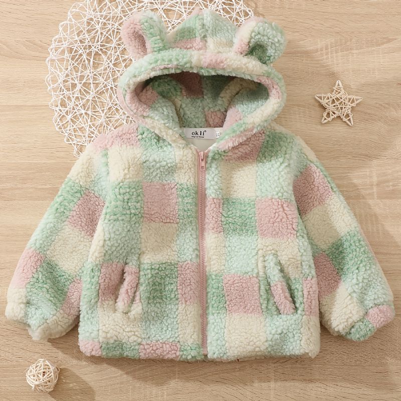 Baby Jenter Polar Fleece Bear Ears Jakke Rutet Glidelås Plysj Varm Hette Frakk Barneklær