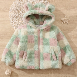 Baby Jenter Polar Fleece Bear Ears Jakke Rutet Glidelås Plysj Varm Hette Frakk Barneklær