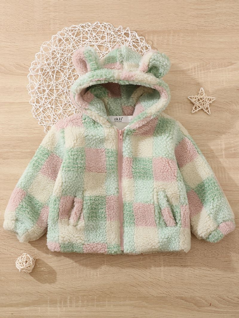 Baby Jenter Polar Fleece Bear Ears Jakke Rutet Glidelås Plysj Varm Hette Frakk Barneklær