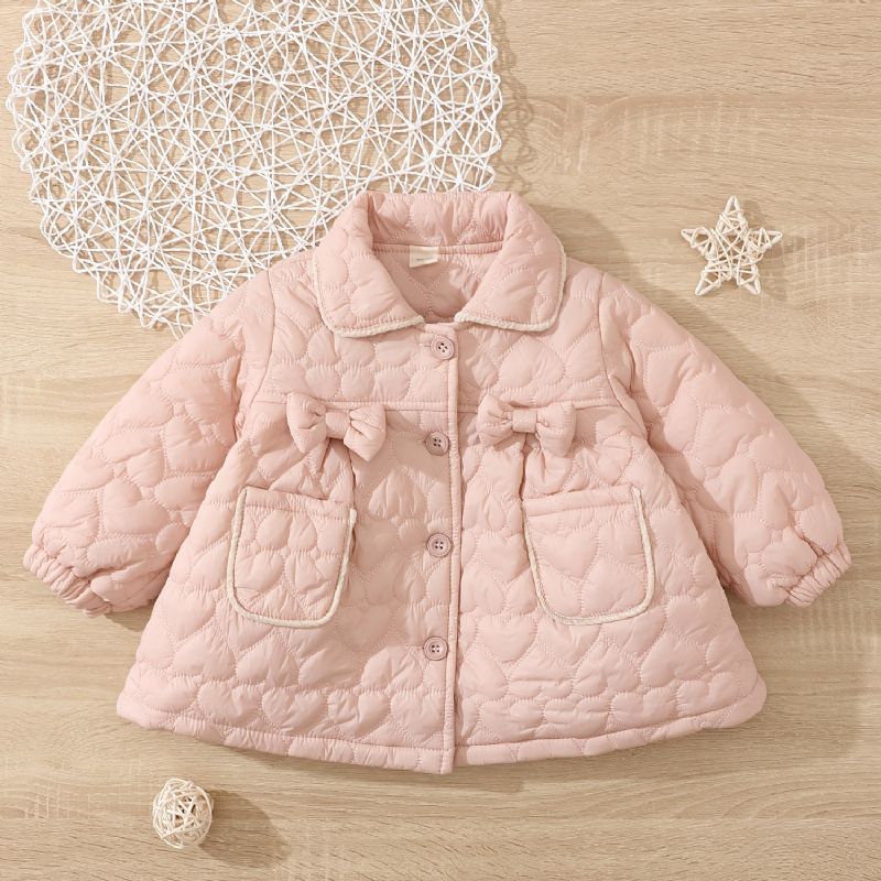 Baby Jenter Puffer Coat Heart Print Button Lapel Warm Jacket Vinter Barneklær