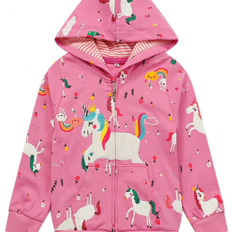 Barn Jenter Fargerikt Trykk Unicorn Rainbow Zip Hettejakke