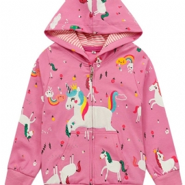 Barn Jenter Fargerikt Trykk Unicorn Rainbow Zip Hettejakke