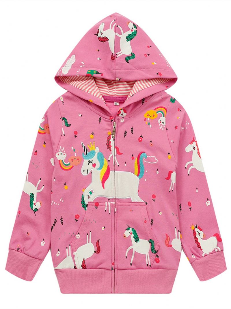 Barn Jenter Fargerikt Trykk Unicorn Rainbow Zip Hettejakke