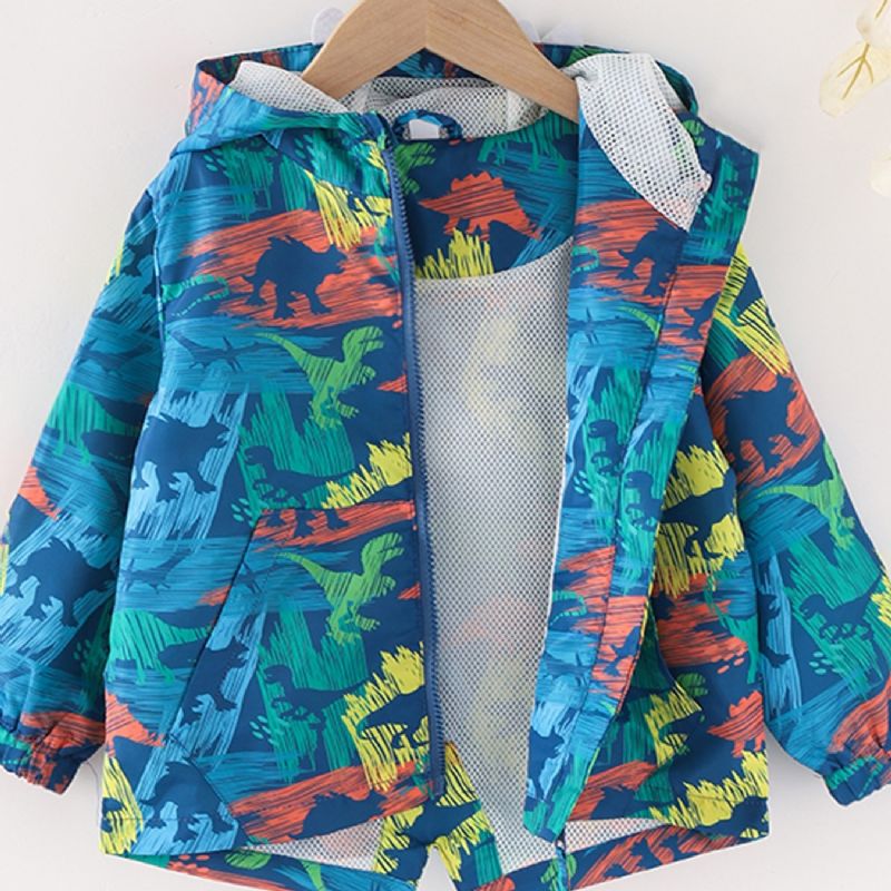 Gutter Dinosaur Full-print Tegneserie Windbreaker Motejakke Med Glidelås