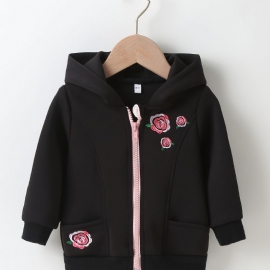 Høst Og Vinter Jentebaby Mote Blomster Broderi Langermet Hette Glidelås Coat