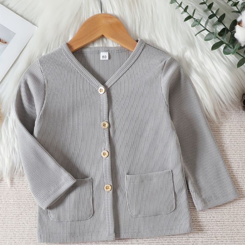 Jente Ribbed Button Down Cardigan Coat Med Lommer Barneklær