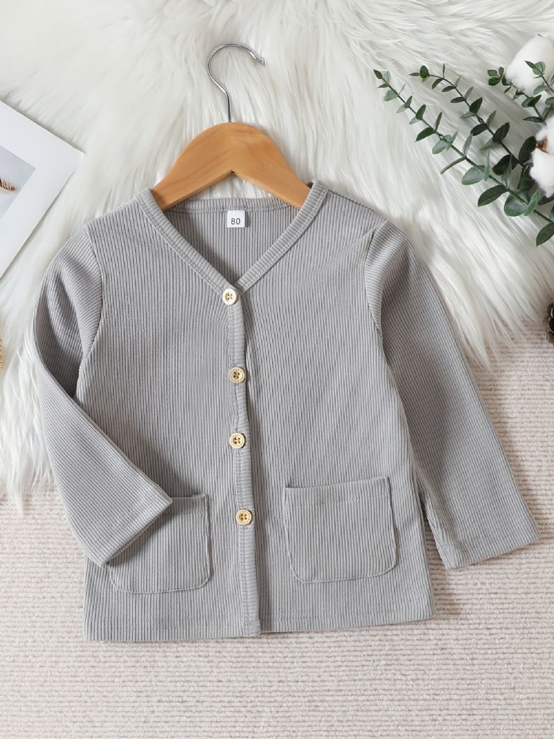 Jente Ribbed Button Down Cardigan Coat Med Lommer Barneklær