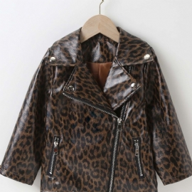 Jenter Lapel Pu Skinnjakke Leopard Glidelåsfrakk Barneklær