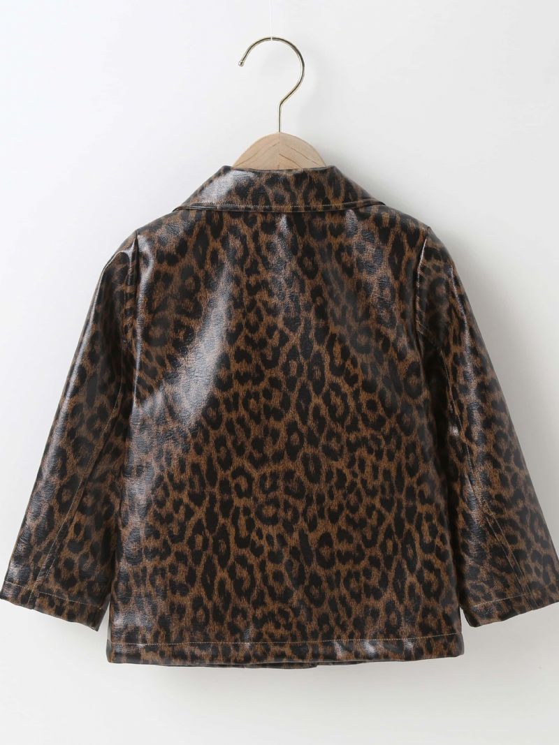 Jenter Lapel Pu Skinnjakke Leopard Glidelåsfrakk Barneklær