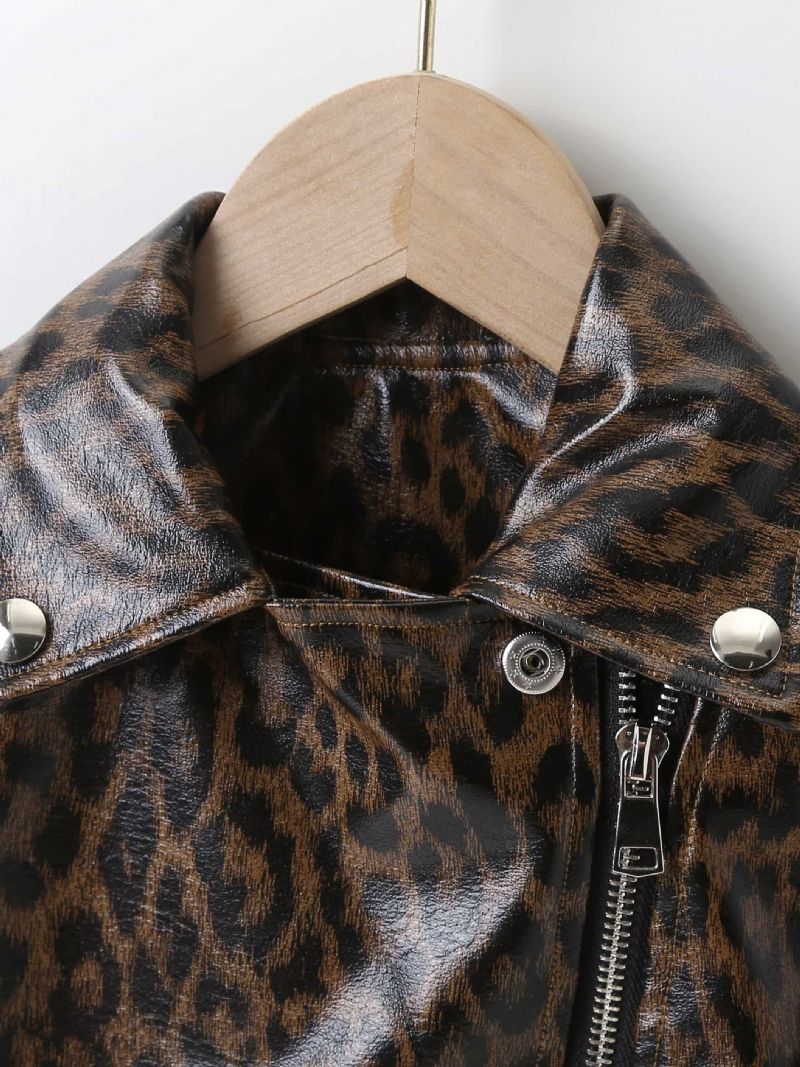 Jenter Lapel Pu Skinnjakke Leopard Glidelåsfrakk Barneklær