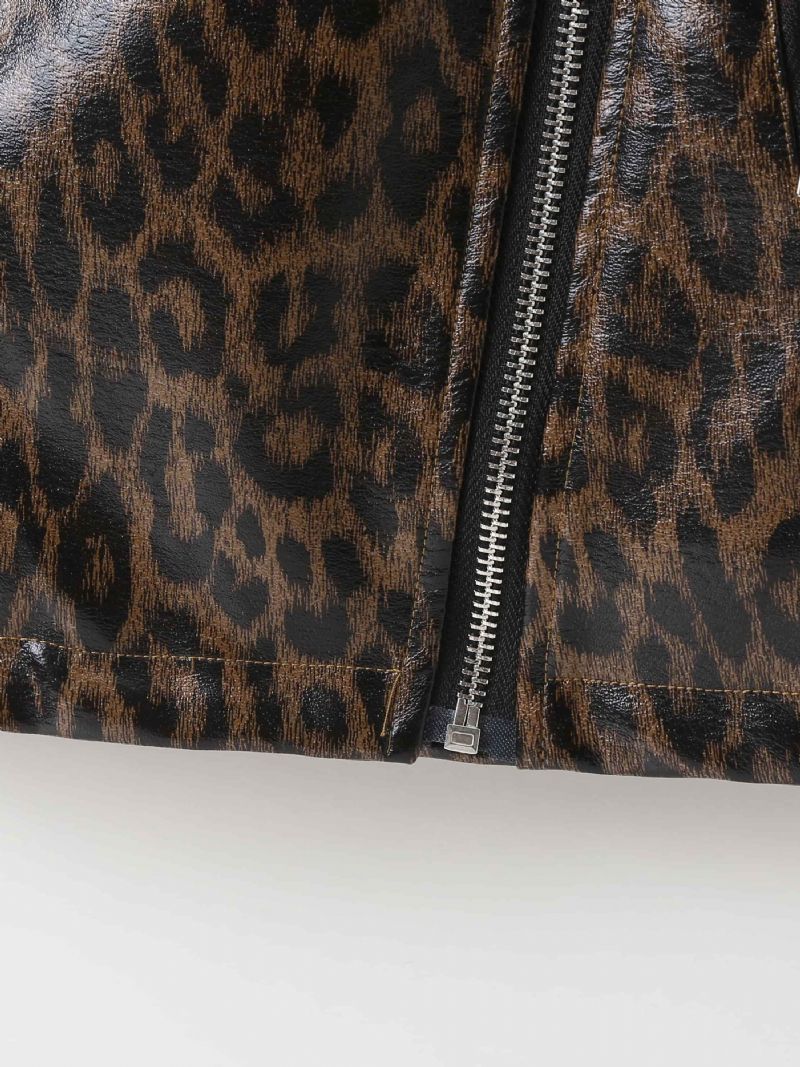 Jenter Lapel Pu Skinnjakke Leopard Glidelåsfrakk Barneklær