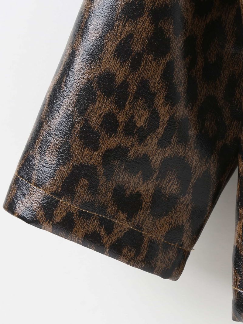 Jenter Lapel Pu Skinnjakke Leopard Glidelåsfrakk Barneklær