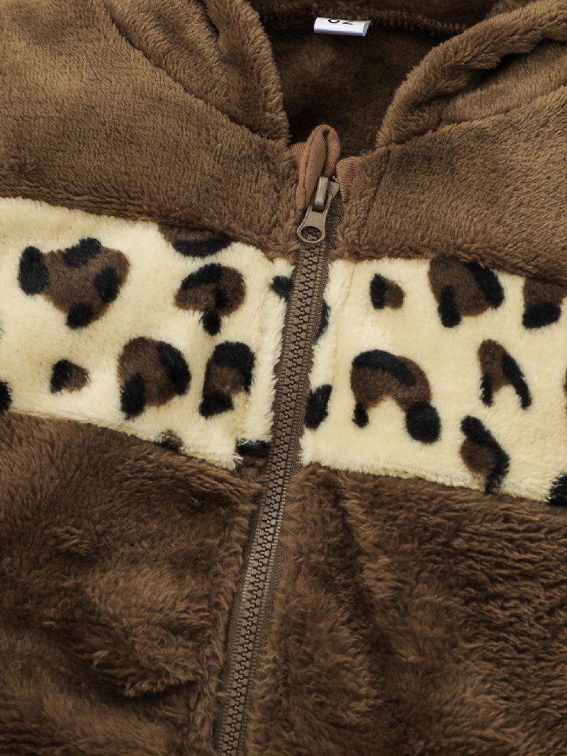 Plysj For Spedbarn Med Leopardmønster Langermet Hettefrakk Med Panel