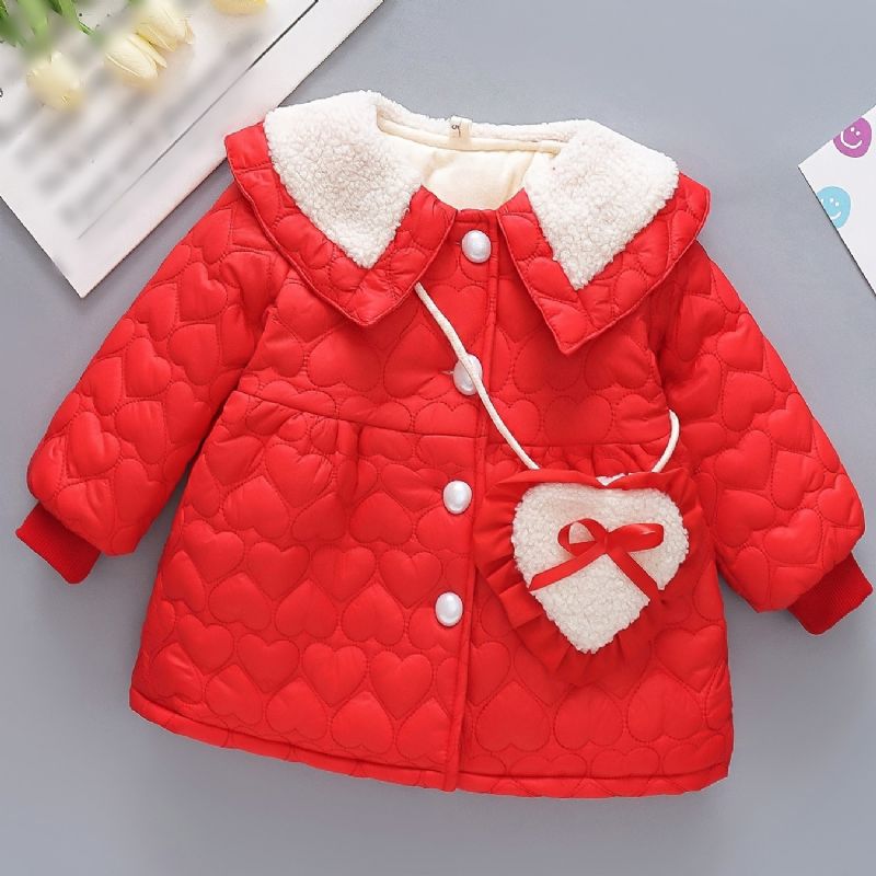 Småbarn Baby Jenter Fleece Varm Puffer Coat Heart Print Button Lapel Jakke