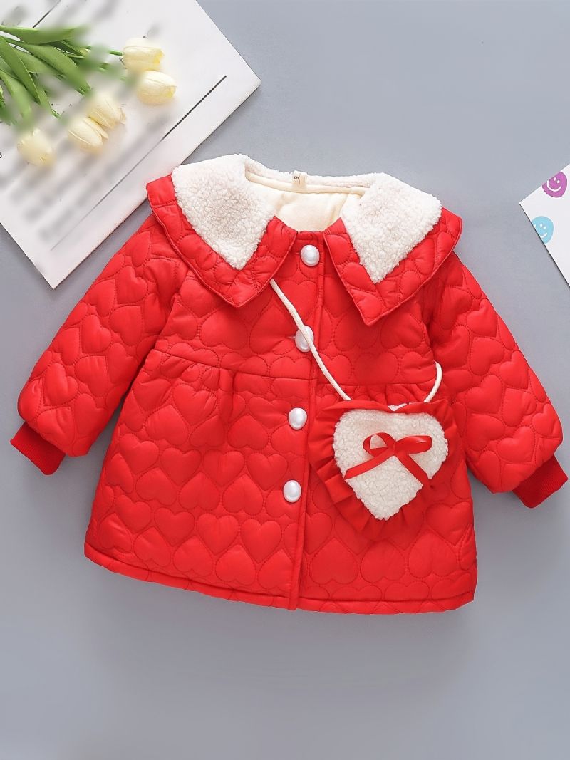 Småbarn Baby Jenter Fleece Varm Puffer Coat Heart Print Button Lapel Jakke