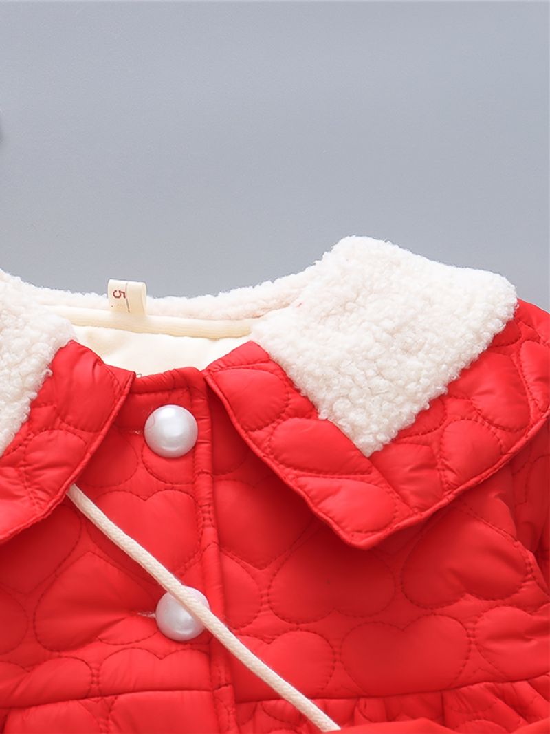 Småbarn Baby Jenter Fleece Varm Puffer Coat Heart Print Button Lapel Jakke