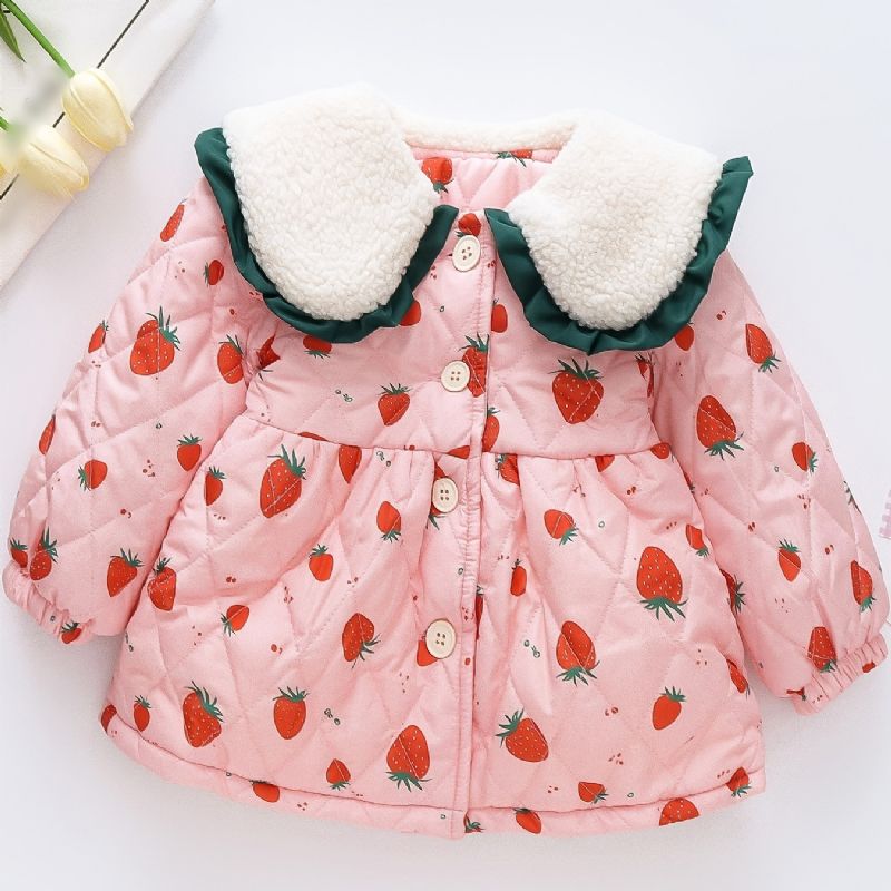 Småbarn Baby Jenter Fleece Varm Puffer Coat Strawberry Print Button Lapel Jacket