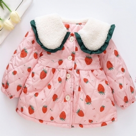 Småbarn Baby Jenter Fleece Varm Puffer Coat Strawberry Print Button Lapel Jacket