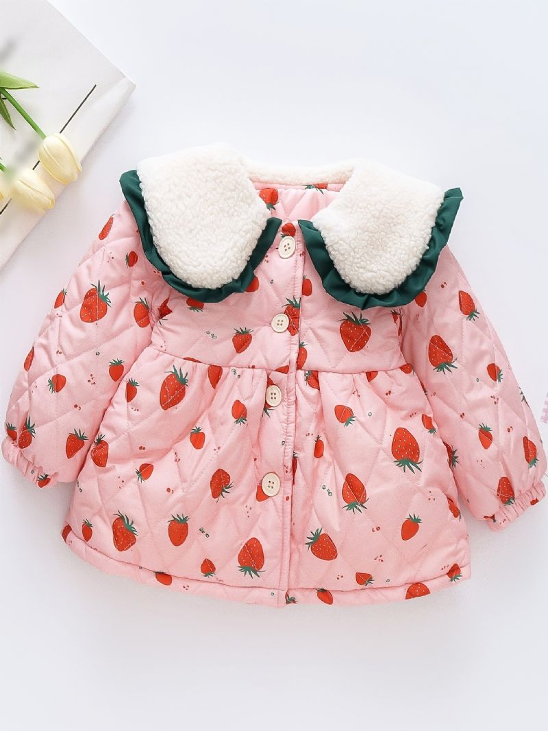 Småbarn Baby Jenter Fleece Varm Puffer Coat Strawberry Print Button Lapel Jacket