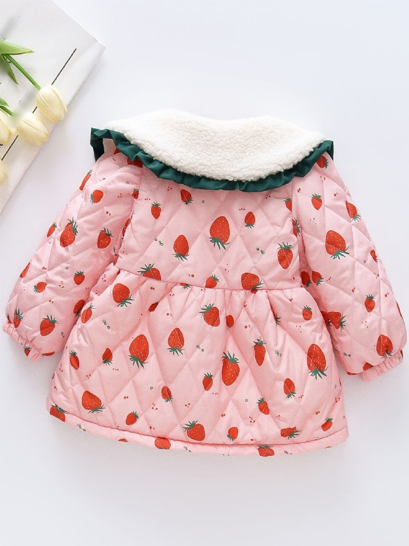 Småbarn Baby Jenter Fleece Varm Puffer Coat Strawberry Print Button Lapel Jacket