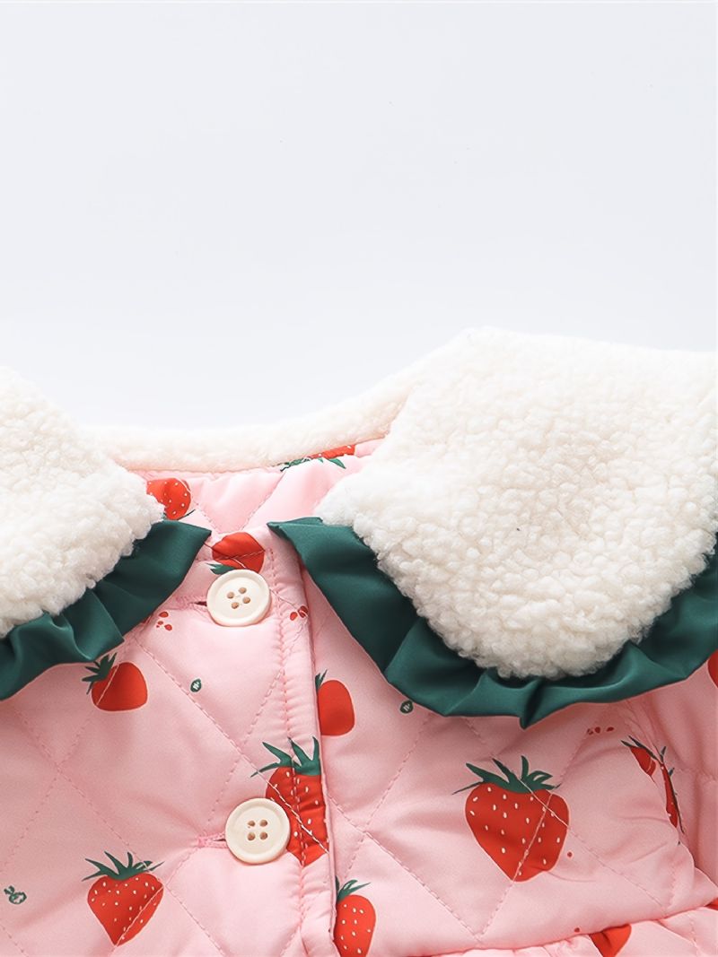 Småbarn Baby Jenter Fleece Varm Puffer Coat Strawberry Print Button Lapel Jacket