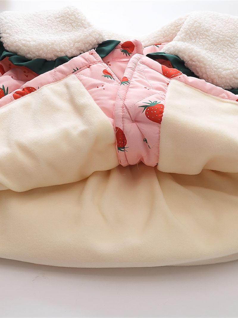 Småbarn Baby Jenter Fleece Varm Puffer Coat Strawberry Print Button Lapel Jacket