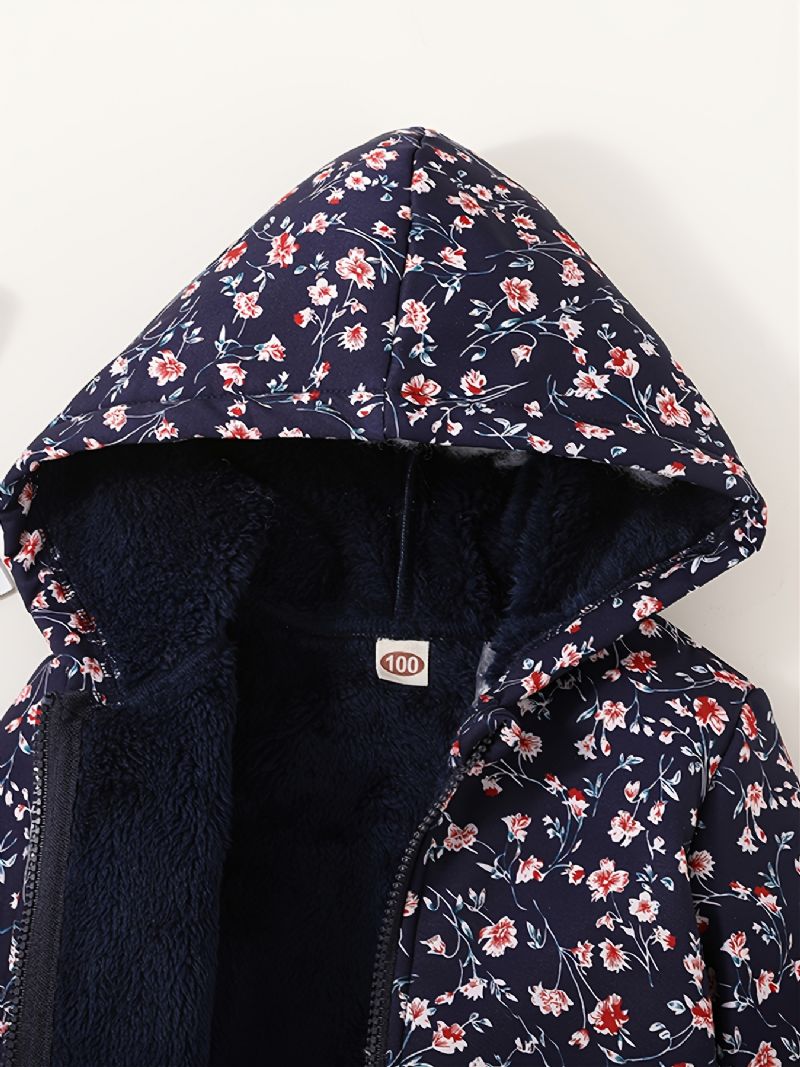 Småbarn Baby Jenter Vinter Blomstertrykt Plysj Zip Up Hettejakke