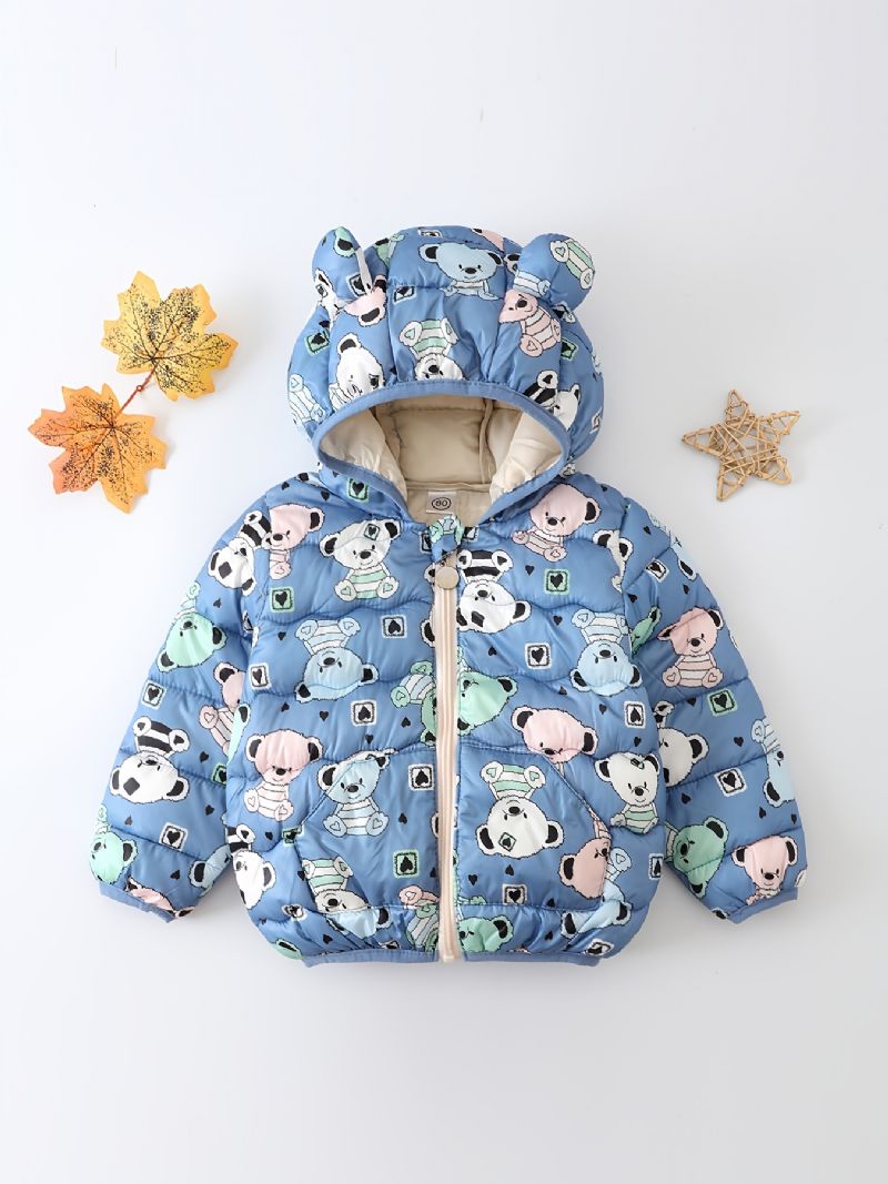 Småbarn Gutter Jenter Puffer Coat Blue Bear Cartoon Print Glidelås Hettejakke