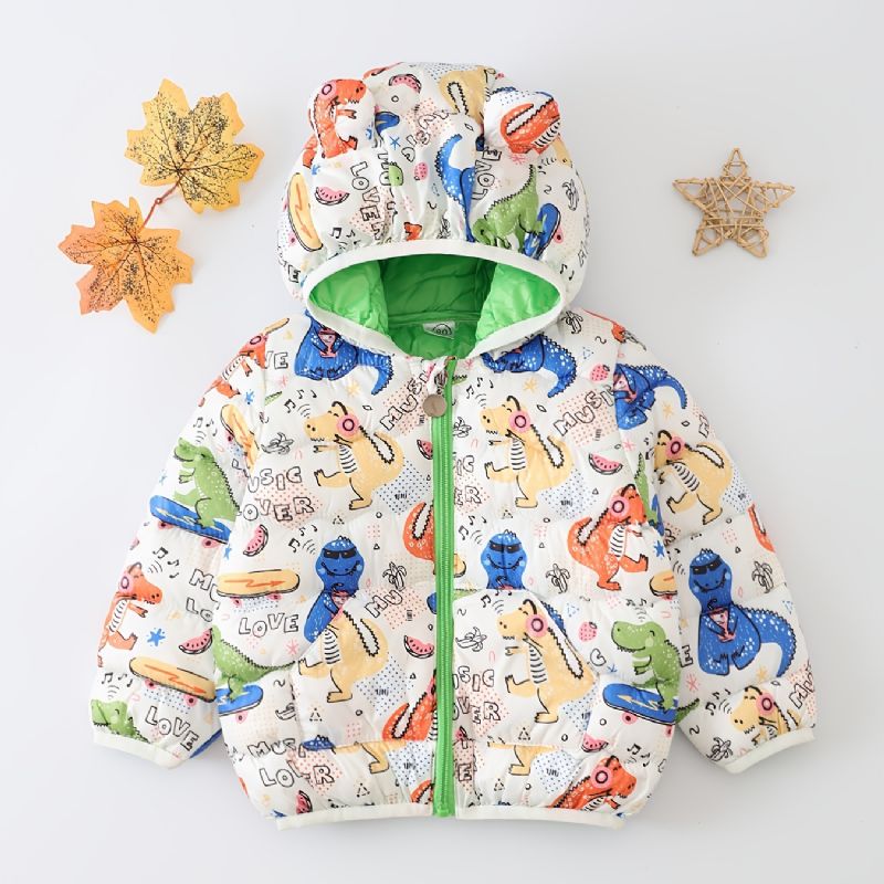 Småbarn Gutter Jenter Puffer Coat Dinosaur Cartoon Print Glidelås Hettejakke