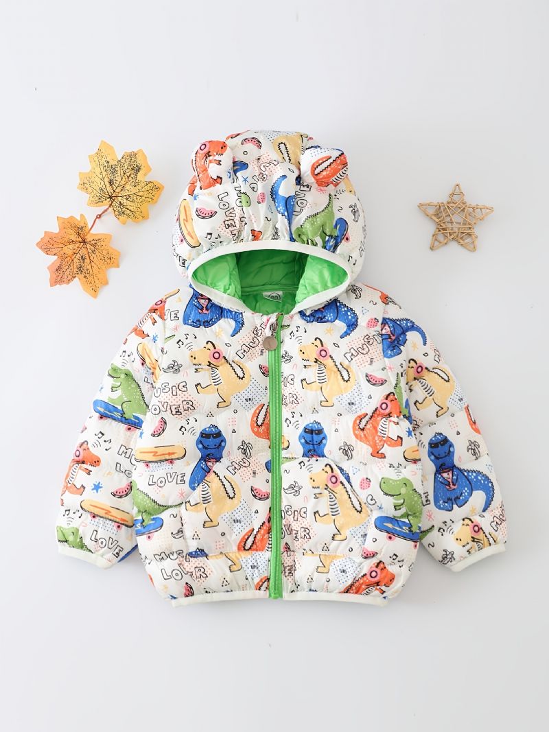 Småbarn Gutter Jenter Puffer Coat Dinosaur Cartoon Print Glidelås Hettejakke