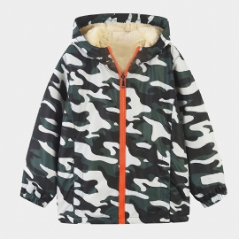 1 Stk Gutter Casual Camouflage Print Glidelås Hettejakke Cardigan Krage Fleece Termisk Jakke Til Vinter