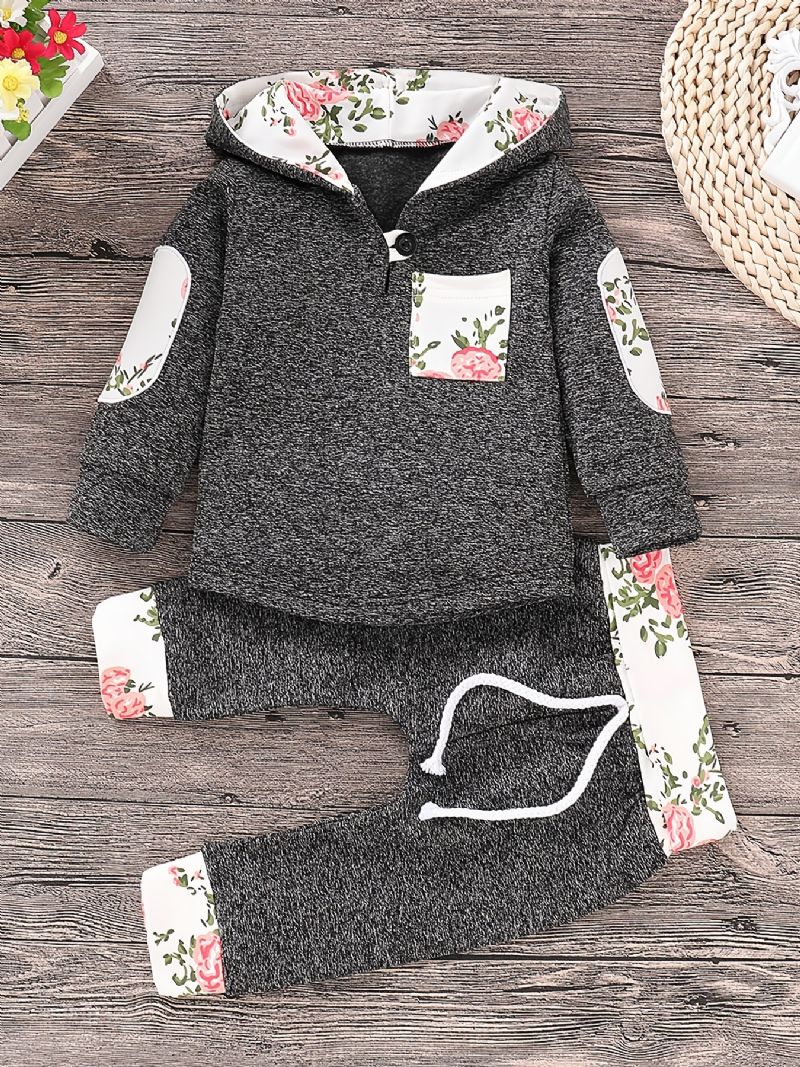 2 Stk Baby Gutter Blomstertrykk Langermet Hettegenser Sweatshirt Elastisk Midjebuksesett Klær