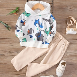 2 Stk Baby Gutter Hettegenser Dinosaur Print Langermet Pullover Genser Og Buksesett Barneklær