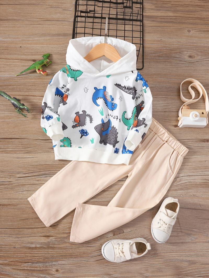 2 Stk Baby Gutter Hettegenser Dinosaur Print Langermet Pullover Genser Og Buksesett Barneklær