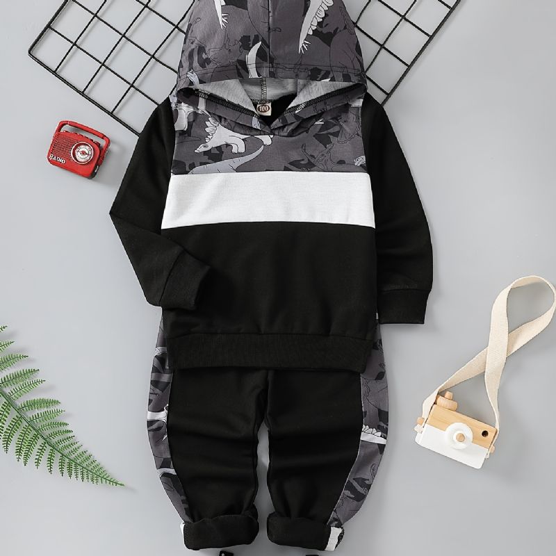 2 Stk Baby Gutter Hettegenser Dinosaur Print Langermet Sweatshirt Topp & Buksesett Barneklær