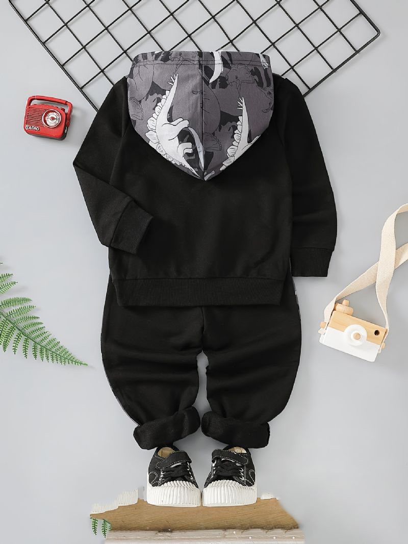 2 Stk Baby Gutter Hettegenser Dinosaur Print Langermet Sweatshirt Topp & Buksesett Barneklær