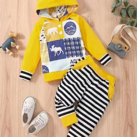 2 Stk Baby Gutter Hettegenser Søt Dyre Print Langermet Pullover Sweatshirt & Stripe Buksesett