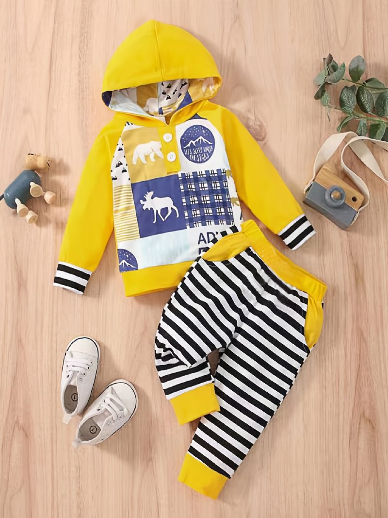 2 Stk Baby Gutter Hettegenser Søt Dyre Print Langermet Pullover Sweatshirt & Stripe Buksesett